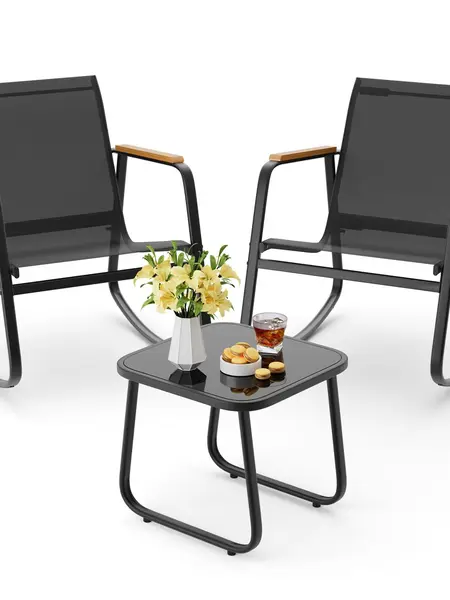 GIZOON 3-Piece Rocking Bistro Patio Conversation Set - Textilene Fabric Outdoor Furniture Set with Rocker Chairs, Balcony Coffee Table for Backyard, Lawn (Black),outdoorfurnitureset