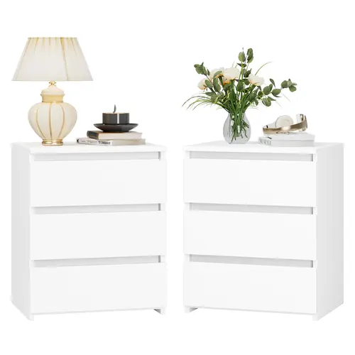 FOTOSOK Three-Drawer Nightstand Set of 2, White Nightstand with 3 Drawers, White Bedside Table 3 Drawer Nightstand, 2 Pcs Modern Furniture, #Summervibes