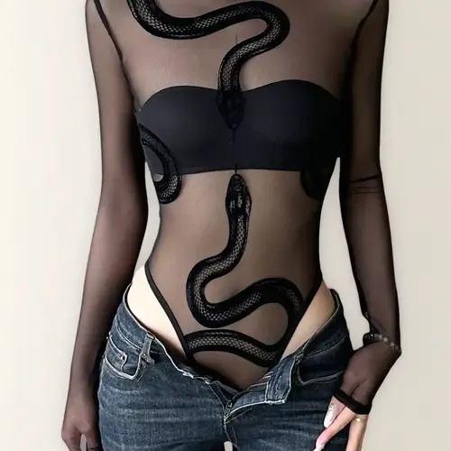 Elegant Sheer Velvet Snake Print Mesh Bodysuit, Sexy Slim-Fitting Womenswear for Summer, Bold Fashion Statement Clothing Piece Garment