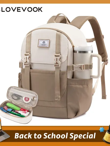 LOVEVOOK School Backpack for Teen Girls, Waterproof Travel College Bookbag for Middle High School with Large Cup Holder, Fits 15.6'' Laptop, Cute Aesthetic kids Student Backpack