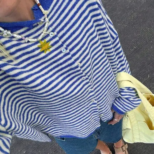 Women's Striped Knitted Baggy Sweater Cardigan, Casual Long Sleeve Knitwear for Fall & Winter, Fashion Women's Knit Clothing for Daily Wear Tops