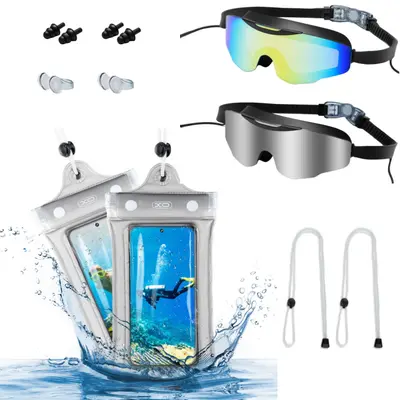 Swim Goggles & Waterproof Bag Set for Adults ,buy 2 get 4 pcs - Anti-Fog Full-Coverage, 3-Color UV Lens, Waterproof Earplugs,Anti-Fog High Definition Waterproof Adjustable,No Leak 180° Swim Glasses, Easy to Wear