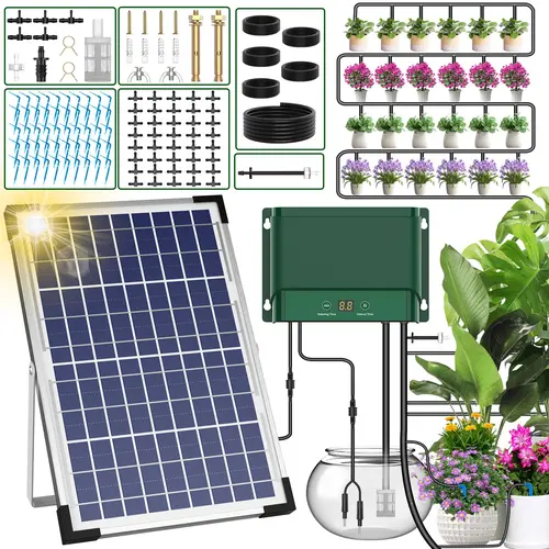 AnseTo Solar Irrigation System 10W Watering for Garden Plant Greenhouse,2026 Latest Model Drip Kit DIY Automatic with 30 Drippers/Auto Alarm Mode