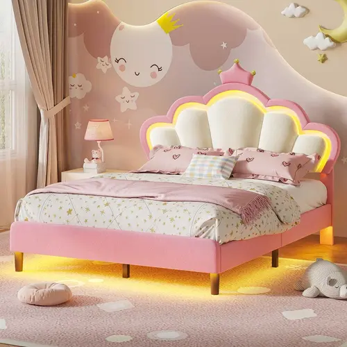 Sikaic Pink Princess Crown Bed Frame with LED Lights, Velvet Upholstered Platform Bed for Girls, Adjustable Headboard, No Box Spring Needed, Modern Bedroom Furniture for Teen Girls Summerwins
