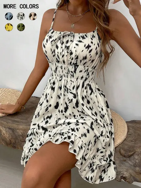 Women's Fashion Print Slim-Fit Mini Dress, Casual Shoulder Strap Design, All-Season Wear, Unlined Comfortable Style