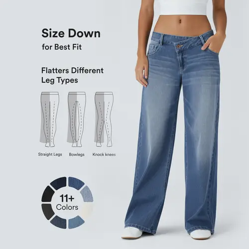 Halara Flex Asymmetric Low Rise Zipper Pockets Baggy Wide Leg Washed Casual Jeans #SwimWeek