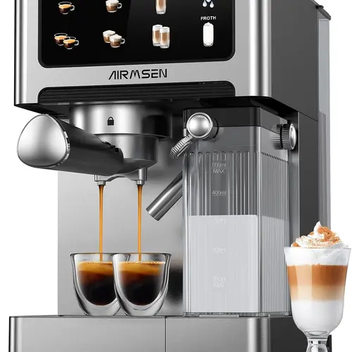 AIRMSEN Automatic All-in-One Coffee Maker, One-Touch Latte Art, Programmable Recipes,Commercial Grade Combo 3-in-1 (Cappuccino/Espresso/Latte) Home&Office 1.8L Large Water Tank,1350w&1000w,Indoor Semi-automatic