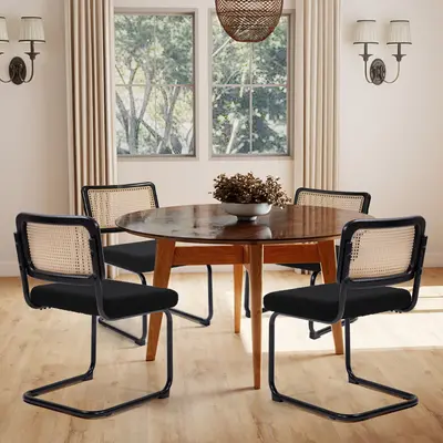 [SummerVibes] Set of 2 Modern Rattan Dining Chairs, Handwoven Rattan Cane Back,  Chrome Base, Upholstered Boucle Seat, for Dining Room , Kitchen Versatile Home Furniture tiktokshopspringglowup