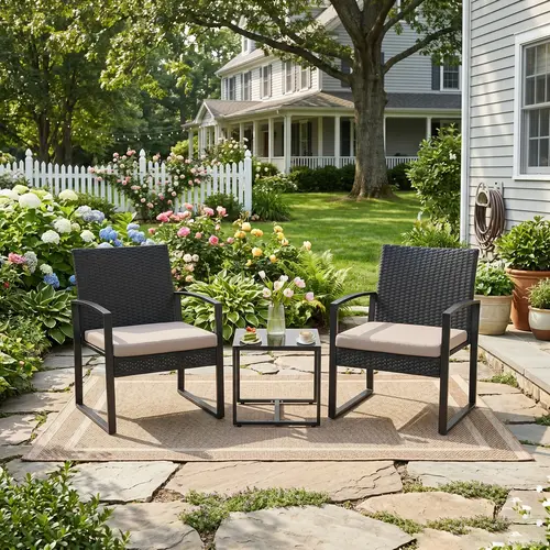 Black 3-Piece Wicker Outdoor Patio Furniture Set - Rocking Chairs, Side Table, and Cushions for Balcony Porch Decor,summerwins,outdoorfurnitureset summerwins Garden Conversation Sets