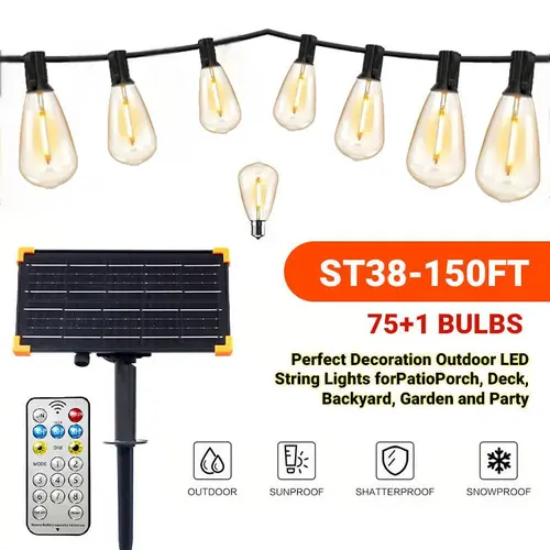 DAYBETTER  ST38 Solar String Lights with Shatterproof Edison Bulb Waterproof 2700K Warm Light 8 Modes for Yard Garden Party Christmas Decoration