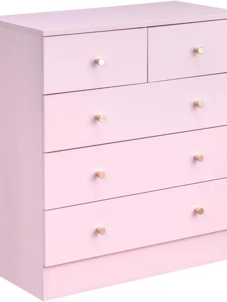 Karlhome Pink 5 Drawer Dresser for Bedroom, Modern Wood Dresser Chest of Drawers, Pink Bedroom Dressers for Girls, Anti-Tipping Device, Rose Gold Metal Handle, Living Room, Entryway, Hallway, Office