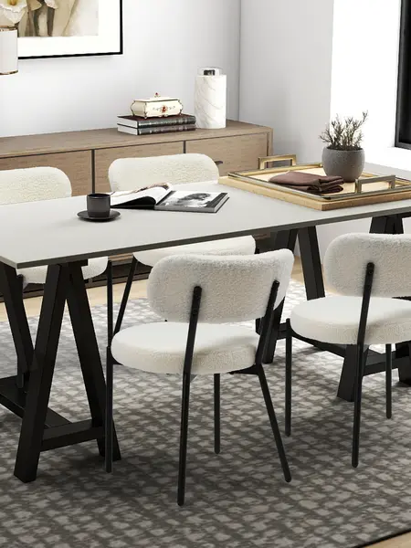 Set of 2 Modern Dining Chairs for Kitchen or Dining Table, Contoured Foam Back and Thick Seat Cushions, Heavy Boucle Fabric, Steel Frame [ Black White] summergarden