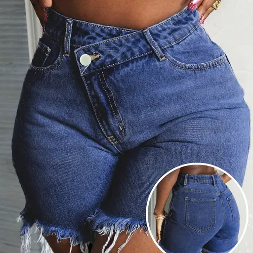 USBoutique Chic Jean Shorts for Women High Waisted Stretchy Casual Denim Shorts Ripped Frayed Hem Summer Trendy Jorts Basic Minimalist Bottoms - Womenswear