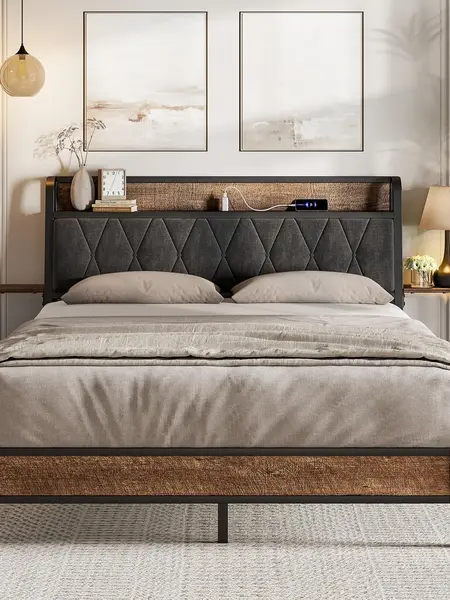 【DealsforYou】ONBRILL Bed Frame - Queen & King Size Options, Modern Heavy-Duty Metal Platform with Side Storage Shelves, Comfy Storage Headboard with Built-in Charging Station, No Box Spring Needed, Easy Assembly, Apartment Furniture, Built-In Charging Sta