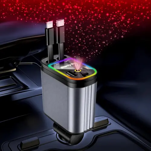 Retractable Car Charger with Starlight, 66W Starlight in Car roof 4 in 1 Retractable Car Phone Charger Adapter, Fast Charging USB C Cable, Compatible with iPhone 16/15/14/13/12/,Pixel