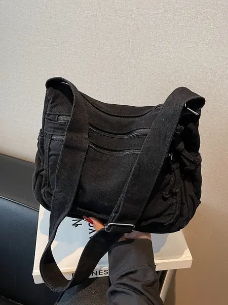 Ladies' solid color retro multi pocket canvas crossbody bag, fashionable and simple daily commuting easy to match with shoulder bag, Casual Commuter Bag, Multi Compartment Bag, Trendy Commuting Bag