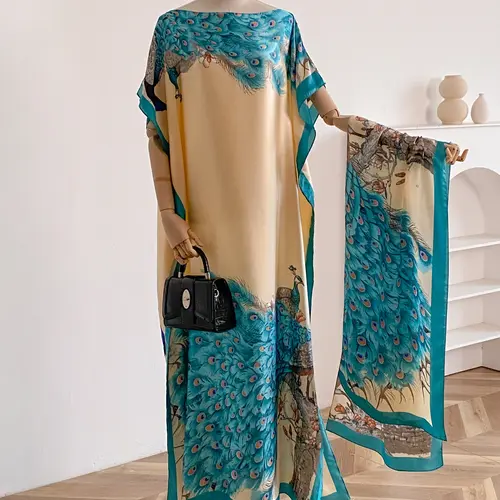 Women's Fashion Print Long Robe Set, Matching Moomoo Dress + Scarf Headband, Casual Woven Fabric, Thin All-Season Wear, Beach Sun Protection