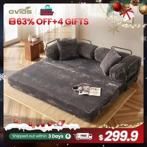 Ovios 81" Convertible Boneless Sofa Bed, Fold Out Loveseat Sleeper Couch with Pillow, 4 in 1 Modular Cloud Corduroy Folding Queen Bed Floor Mattress, Lazy Chair for Living Room Bedroom
