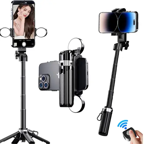 5-in-1 Multifunctional Mini Selfie Stick - 2026 Compact Stylish Mobile Smartphone Cellphone Holder, 360° Rotation, 2 LED Lights, Portable Storage, Tripod Stabilizer Travel Gadget for Selfies/Vlogging, Camera Accessory
