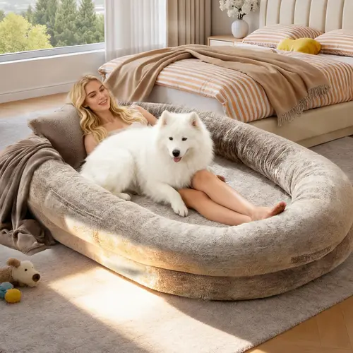 XL Faux Fur Human-Dog Shaped Bed for Adults & Pets - Orthopedic Lounger with Pillow & Blanket, Washable Easy-Care Contemporary Sofa for Deep Sleep, Perfect Gift for Pet Lovers (Shaped Beds)