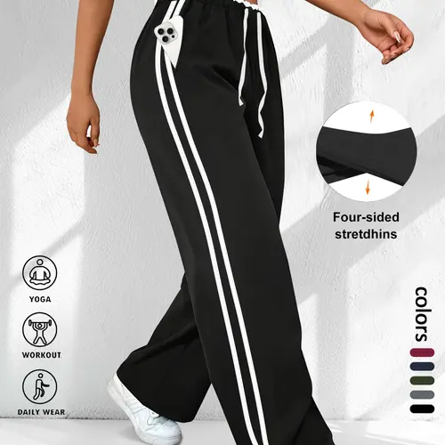 Plus Size Women's Wide Leg Pants with Drawstring Elastic Waist, Lace Trim Design and Pockets, Sporty Side Stripe Trousers, Casual Sporty Pants for Various Occasions
