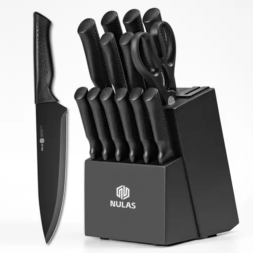 NULAS Knife Set, 14 Pcs Kitchen Knife Set with Block Self Sharpening, Dishwasher Safe, 6 Steak Knives, Anti-slip handle, Black summerwins