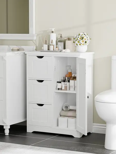 Segawe Freestanding 3-Drawer Drawer Dresser Cabinet - Beadboard Look, Robust MDF, Tool-Free Assembly, Shelved Indoor Furniture, Bathroom Organizer Storage for Necessities