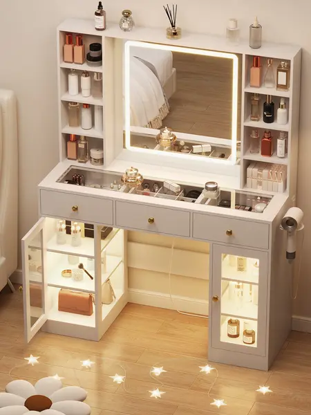 Led Light White Vanity Desk with Mirror and Lights, Glass Top Vanity with Lighted Mirror & RGB Cabinet and 3 Drawers, Dressing Table with 8 Shelves, Modern makeup vanity，Makeup Desk with Lights for Girls Bedroom, fathers day gift ideas