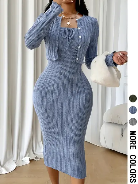Women Casual Ribbed Texture Strapless Dress Set with Cropped Jacket, Two-Piece for Spring & Fall Womenswear
