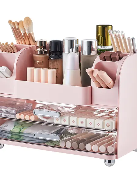 UFORU makeup organizer for Vanity with 2 Large Drawers, Cosmetic Display Case with Brush Holders, Easy to Storage for Bathroom Countertop Skincare, Desk Office Supplies,Pink Boxes Gift, jewelry organizer