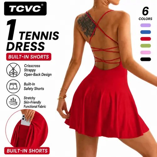 TCVC Women's Cross Back Tennis Dress with Built-in Shorts & Pockets, Sleeveless Breathable Workout Active Dress for Golf Yoga Daily Wear
