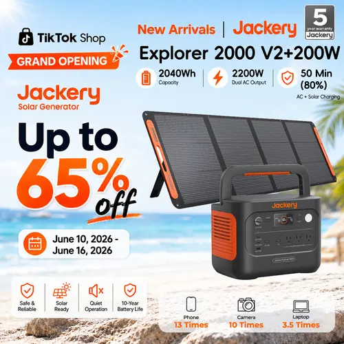 [Opening Ceremony]  Jackery Explorer 2000 v2 Portable Power Station, 2042Wh LiFePO4 Home Backup Battery, 2200W Solar Generator, USB-C PD 200W Fast Charging for Emergencies, Power Outages, Camping(Solar Panel Optional)