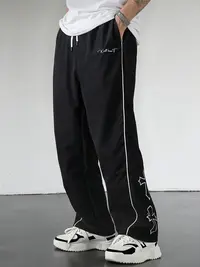 Gamis Bestie Men's Black Athletic Pants with White Side Stripes & Embroidery Design Casual Gym Wear Sweatpants Tracksuit Sports Bottoms Athleisure Style Tracksuit Outfit Sweatpants Set Drawstring Straight Leg Workout Clothes,father'sdaygifts