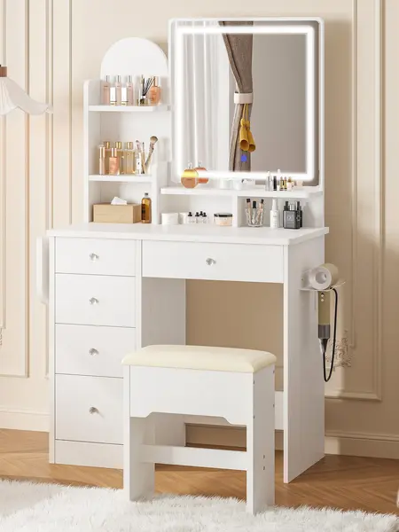 LIKIMIO Vanity Desk with Mirror & LED Light, Makeup Vanity Table with 5 Drawers, Power Outlet, and Vanity Stool, 3 Lighting Colors, Dressing Table for Bedroom