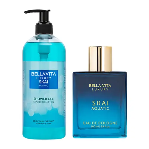 BellaVita Luxury Skai Aquatic Perfume & Body Wash Combo | Unisex Eau De Cologne with Bergamot & Pink Pepper (100ml) + Refreshing Oceanic Shower Gel with Aloe Vera (500ml) | Long-Lasting, Clean, Soothing & Uplifting Daily Care Set