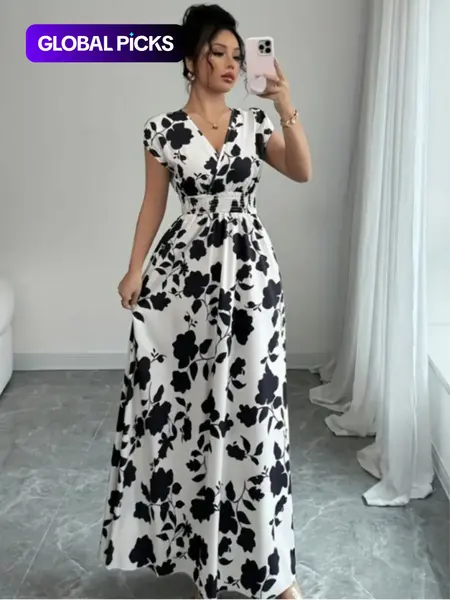 Elegant Women's Summer Dress, Womenswear, V Neck Fitted A-Line Batwing Sleeve, Floral Print, Leaf, Casual Boho Sundress, Casual Fashion Style, Perfect for Daily Wear & Special Occasions, Casual Chic Dress, Boho Casual Comfy