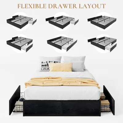 SHA CERLIN Full/Queen Bed Frame - Rustic Wood & Metal Build, 2 Large Built-in Storage Drawers, Noise-Free, No Box Spring Needed, Durable Black/Brown, Father's Day Gift, Full Size Bed Frames