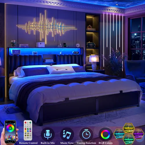 Cyclysio Bed Frame - King/Queen/Full Size Apartment Furniture with Charging Station, LED Lights, Sturdy Metal Base, Leather Upholstered Modern Wooden Headboard & Storage for Bedroom Decor, Queen Bed Frame