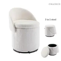 CHAIRUS  Viral 3 in 1 Stool, Swivel Vanity Stool,Modern Round Storage Ottoman with Foldable Backrest, Upholstered Sherpa Makeup Stool, 360° Rotating Footrest for Bedroom, Living Room & Dressing Area ,White