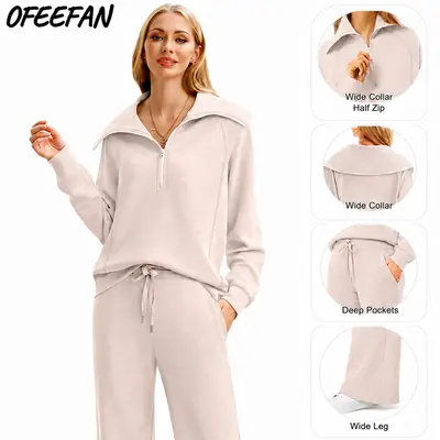 OFEEFAN Lounge Sets For Women 2025 Half Zip Sweatshirt And Wide Leg Sweatpant 2 Piece Outfits Sweatsuit Tracksuit Fashion Enthusiast  Casual Outing