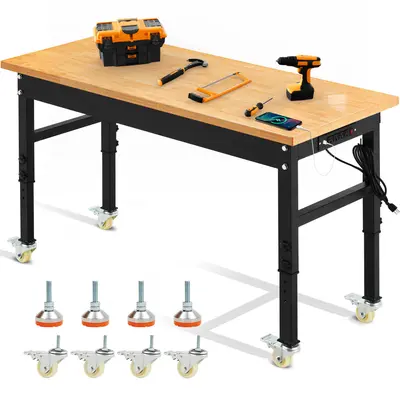 60-in Height-Adjustable Heavy-Duty Rolling Workbench, Iron Frame, 2000 LBS Capacity, Power Outlets, Solid Rubber Wood Top, Multi Purpose Desk for Garage, Workshop |, Height Adjustable Desk