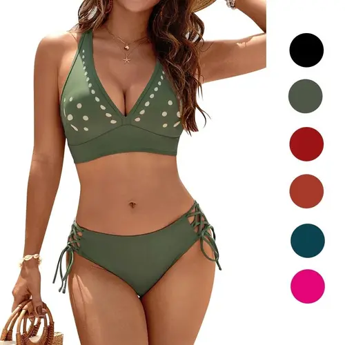 Blooming Jelly Women's Bikini Set Two Piece Swimsuit Modest Bathing Suit Petal Hollow V Neck Top String Mid Rise Bottom Swimming Suit #SwimWeek #Summervibes summerwins