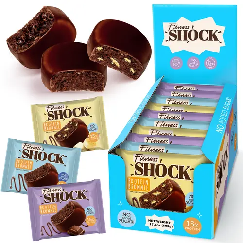 FitnesSHOCK Dark Chocolate Protein Brownie Variety Pack - Dessert Snack (2g Total Sugar, No Added Sugar) – Banana, Coconut & Dark Chocolate – Snack Pack – 10 Count