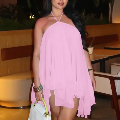 Women's Casual Boho Sundress, Summer Halter Sleeveless Backless Chiffon Midi Dress for Party and Club, Elegant Party Apparel, Womenswear