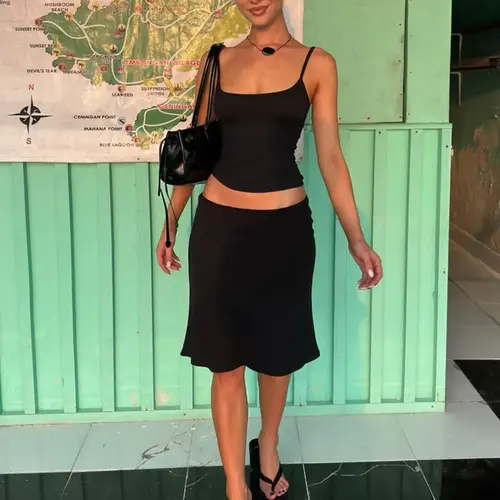 Women's Two-piece, Fitted Solid Color Sleeveless, Spaghetti Strap Cami Top & Bodycon Midi Skirt Set, Backless Adjustable Strap, Party Club Date Holiday Outfits, Ladies Daily Casual Suits Sets Summer Clothes, Casual Chic Set