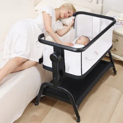 #Summerwins，MOREFEEL Bedside Cribs 3 in 1 Baby Bassinet Bedside Sleeper with Adjustable Height Easy Folding Portable Crib Comfy Mattress and Wheels - Black Unisex Design