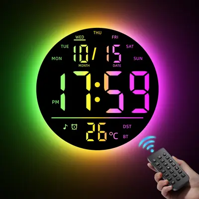 EASYERA 10" Large Circle Digital Wall Clock with Remote Control, Music-Sync, Round clock with RGB Atmosphere Lights with 11 Scenes Mode, Dual Alarms, Timer Clock for ADHD, Focus Tool, Classroom, Game Decor Goods Auto Dst Adjustment summerwins