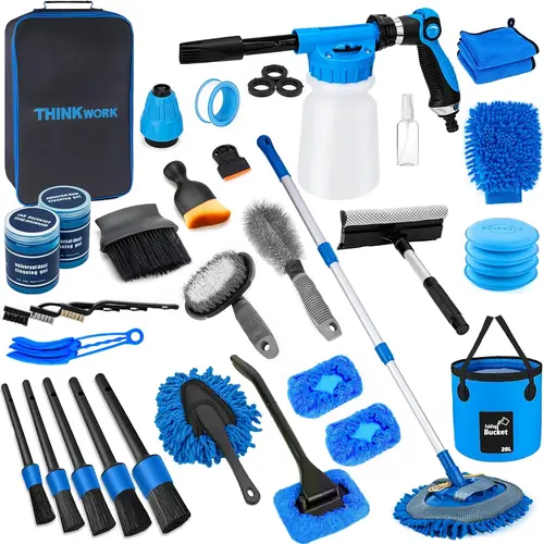 【DealsForYou】 THINKWORK Car Wash Kit, Car Detailing Kit with Foam Gun, Car Wash Brush Mop and Large Folding Bucket Suitable for Car Cleaning, Blue Car Wash Set Gift for Men and Women