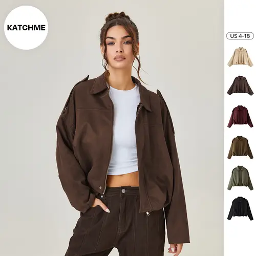 Katch Me Chic Women's Winter Vintage Solid Color Collared Zipper Long Sleeve Jacket, Cozy Oversized Outerwear for Lady, Versatile Loose Outfits for Daily Wear, Soft Womenswear
