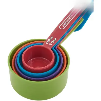 Kitchen Utensils 5-Piece Nesting Measuring Cup Set with Coffee Scoop, Durable BPA-Free Plastic, Easy-Read Markings, Dishwasher Safe Detachable Kitchen Tool